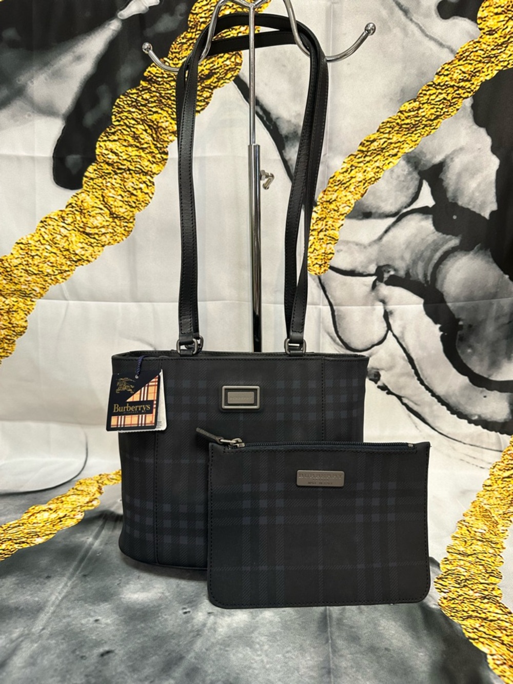Burberry Black Check Tote with Matching Pouch